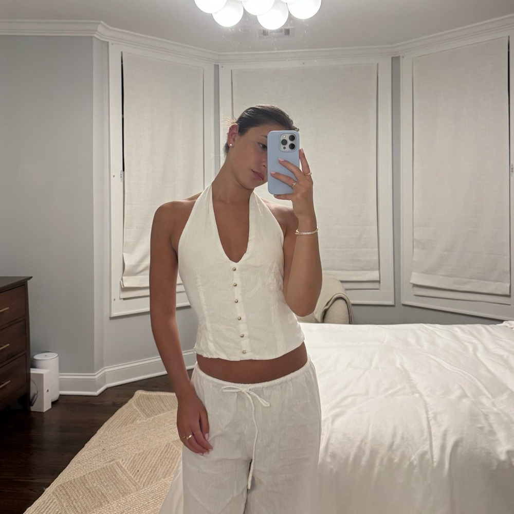 Zara White Linen Halter Top with Gold Button Detail